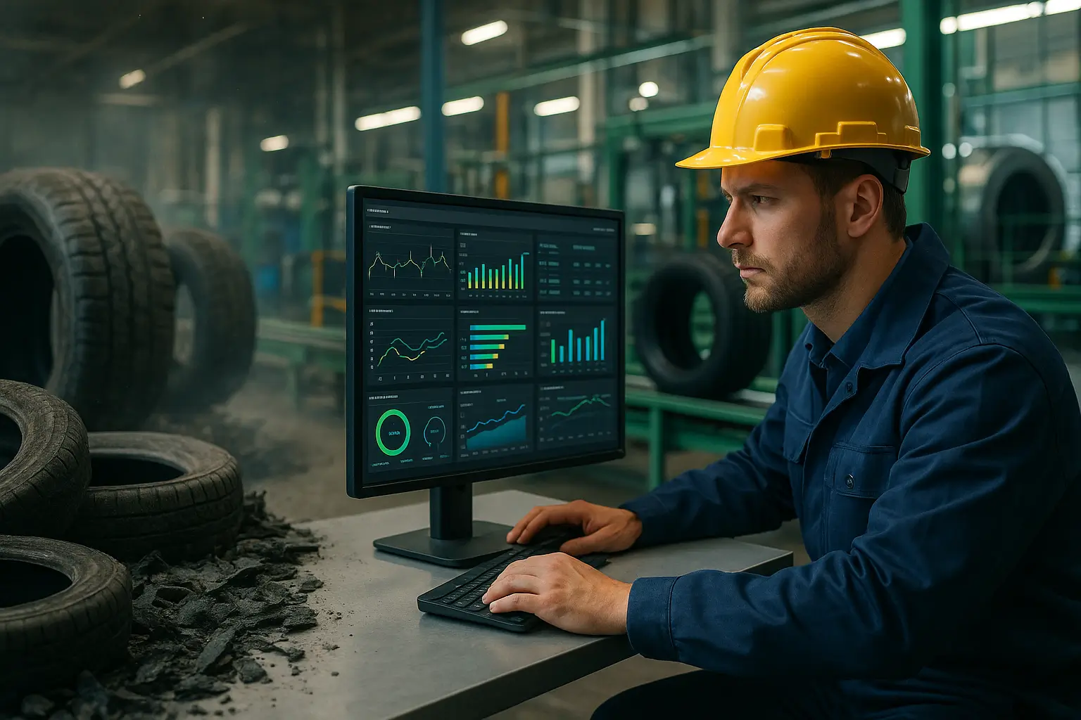 инженер анализирует показатели линии переработки резины