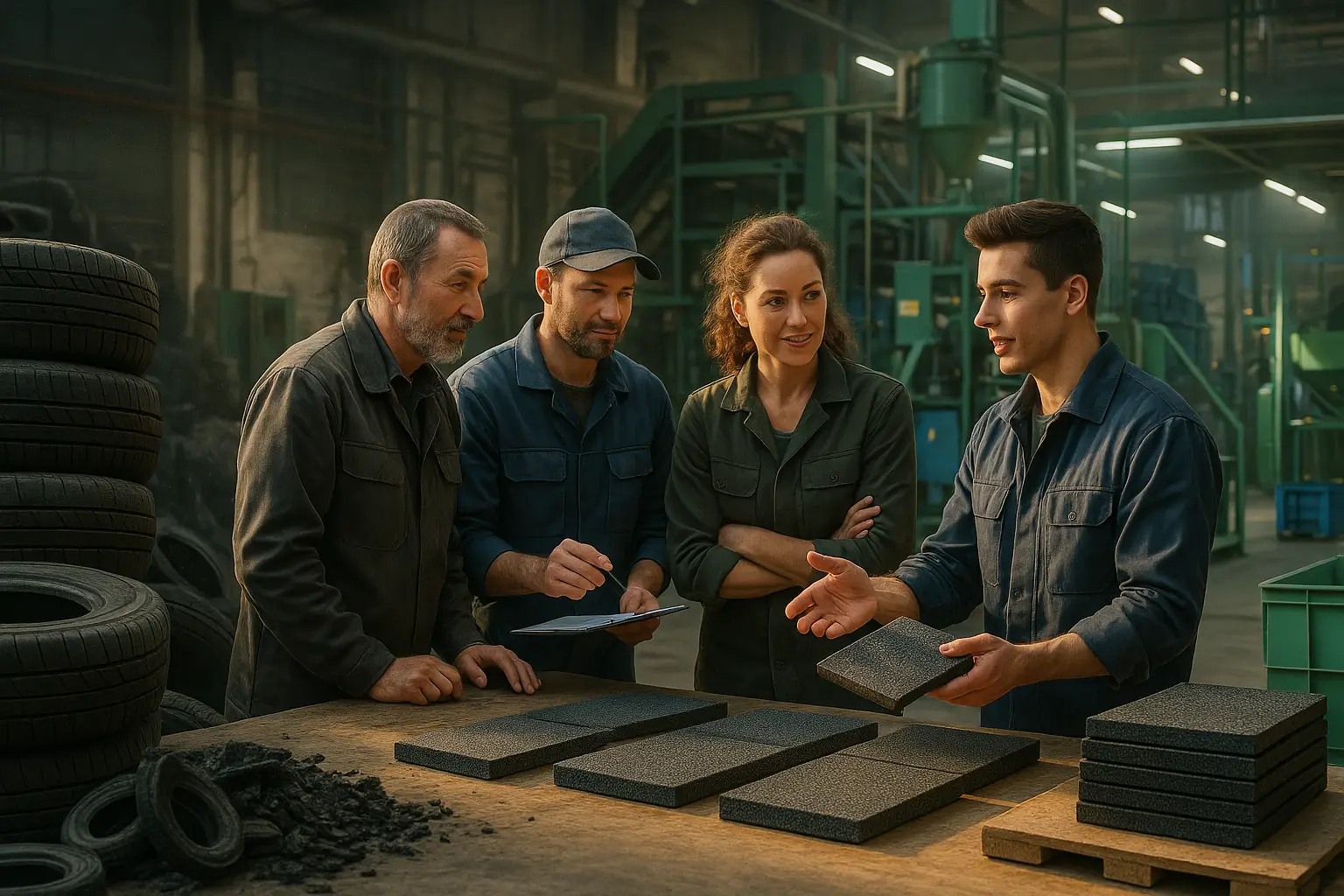 команда инженеров обсуждает материалы из переработанной резины