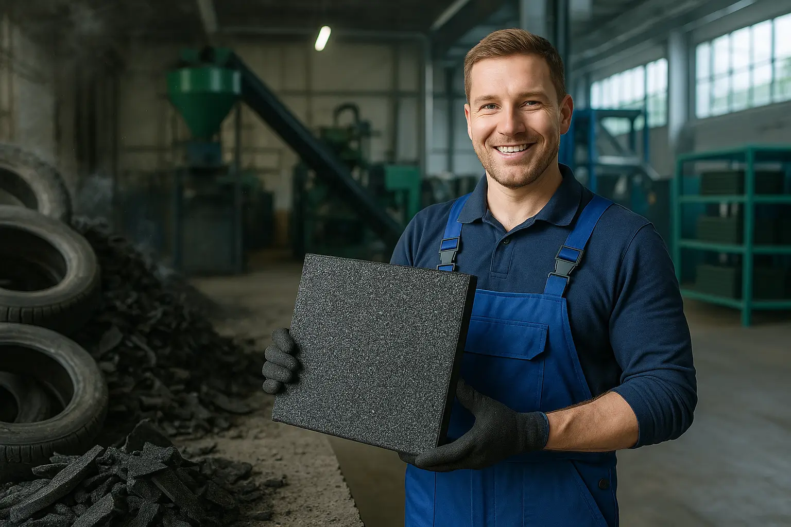 рабочий держит плитку из переработанной резины с гордостью