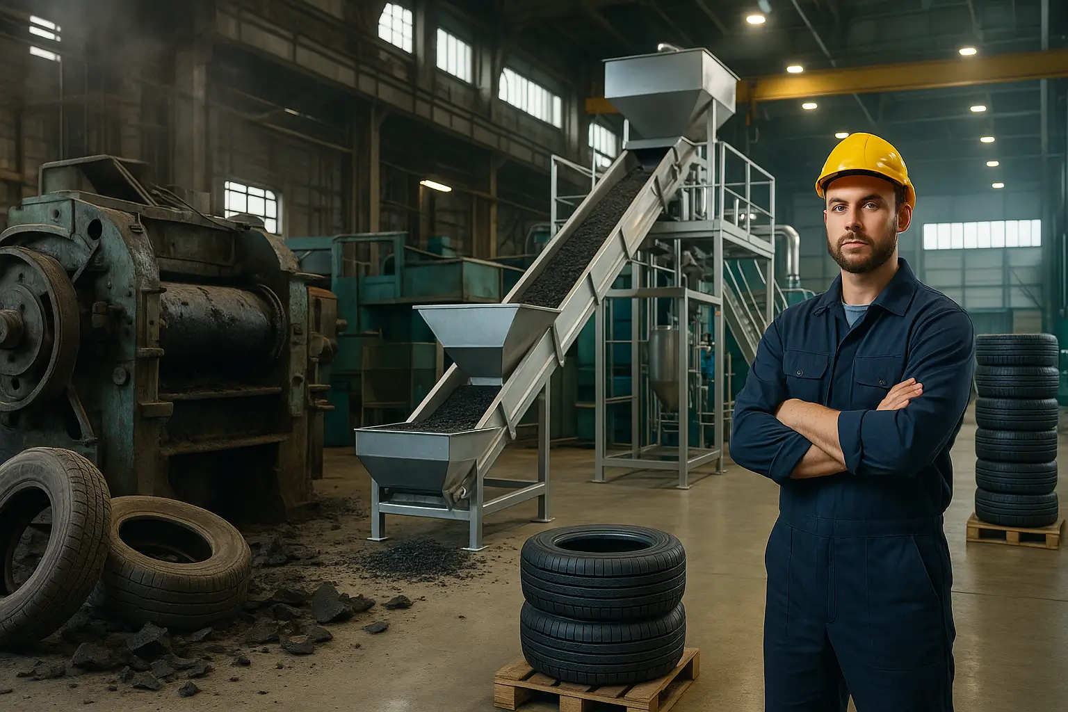 панорамный вид цеха переработки резины с новым оборудованием