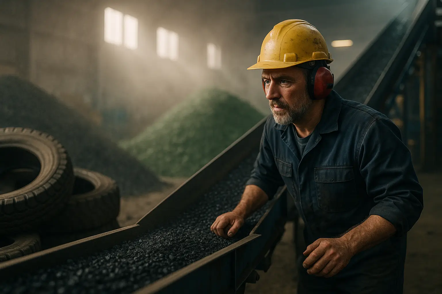 рабочий следит за конвейером с резиновой крошкой на заводе переработки