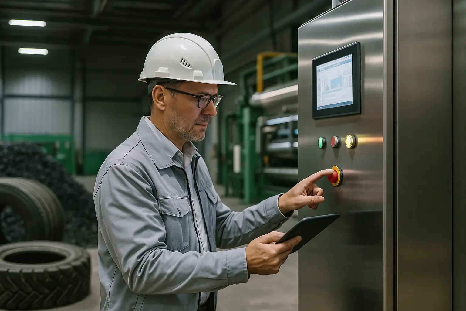 инженер проверяет оборудование с планшетом на производстве резины