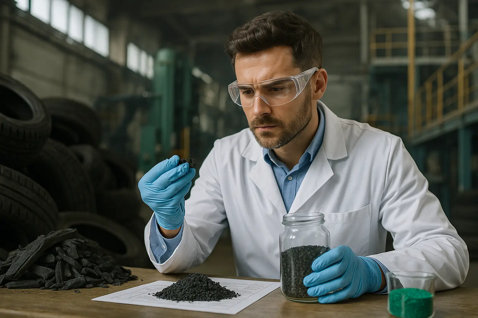инженер исследует образцы резины в лаборатории