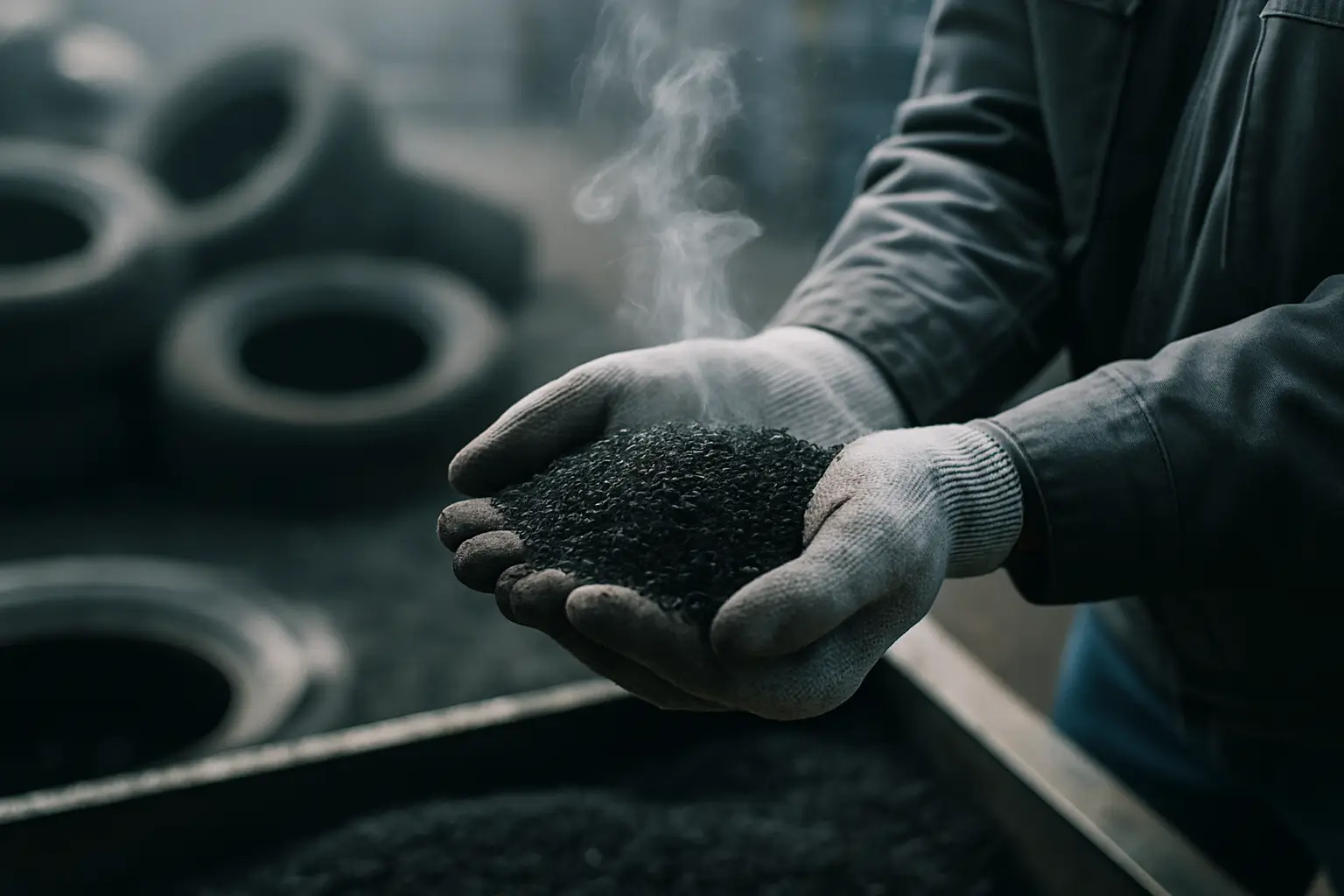 руки держат резиновую крошку после переработки