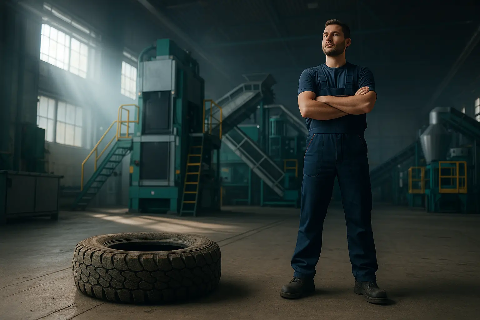 современный цех переработки резины с покрышкой на переднем плане