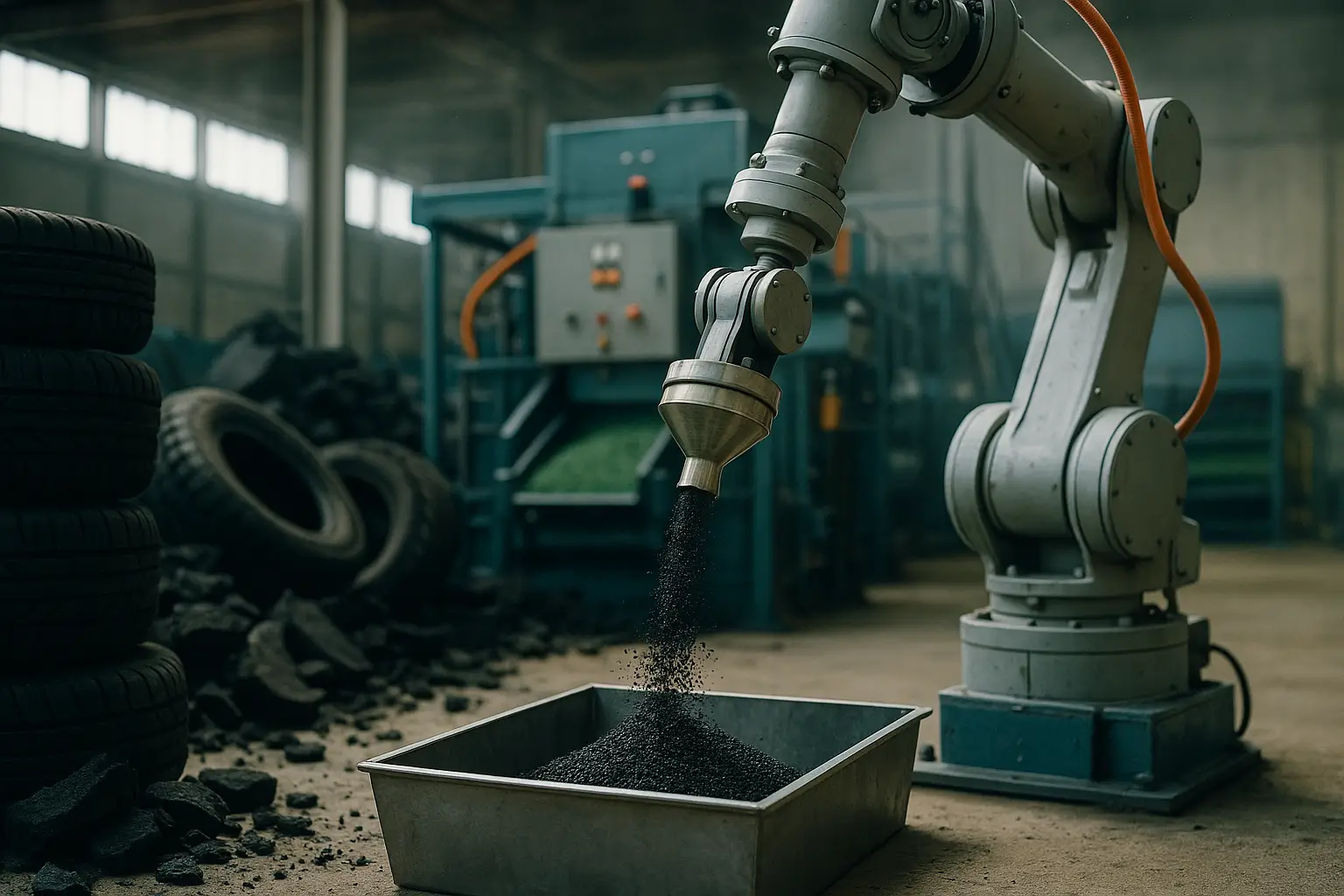 роботизированная рука загружает резиновую крошку в контейнер