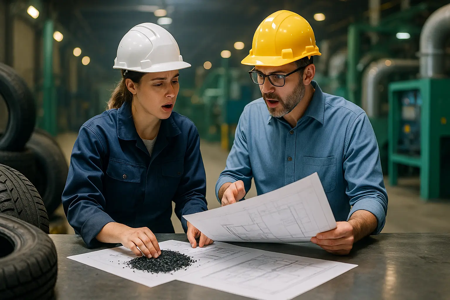 специалисты обсуждают чертёж перерабатывающего оборудования