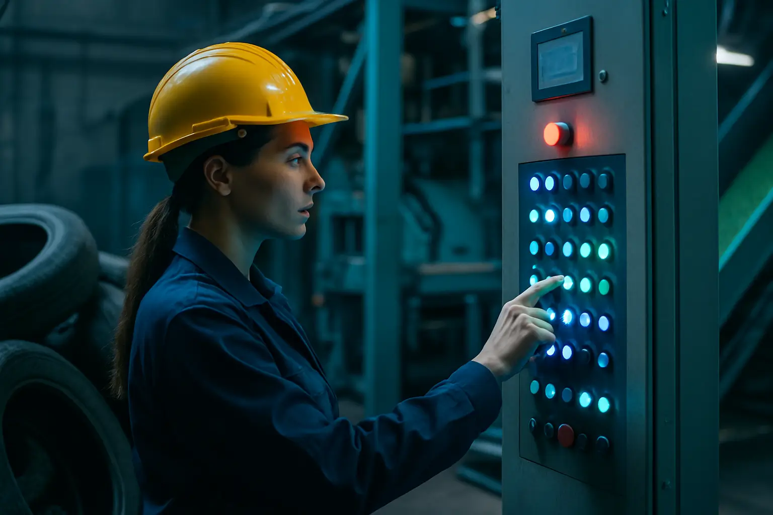 инженер управляет перерабатывающим оборудованием через сенсорную панель