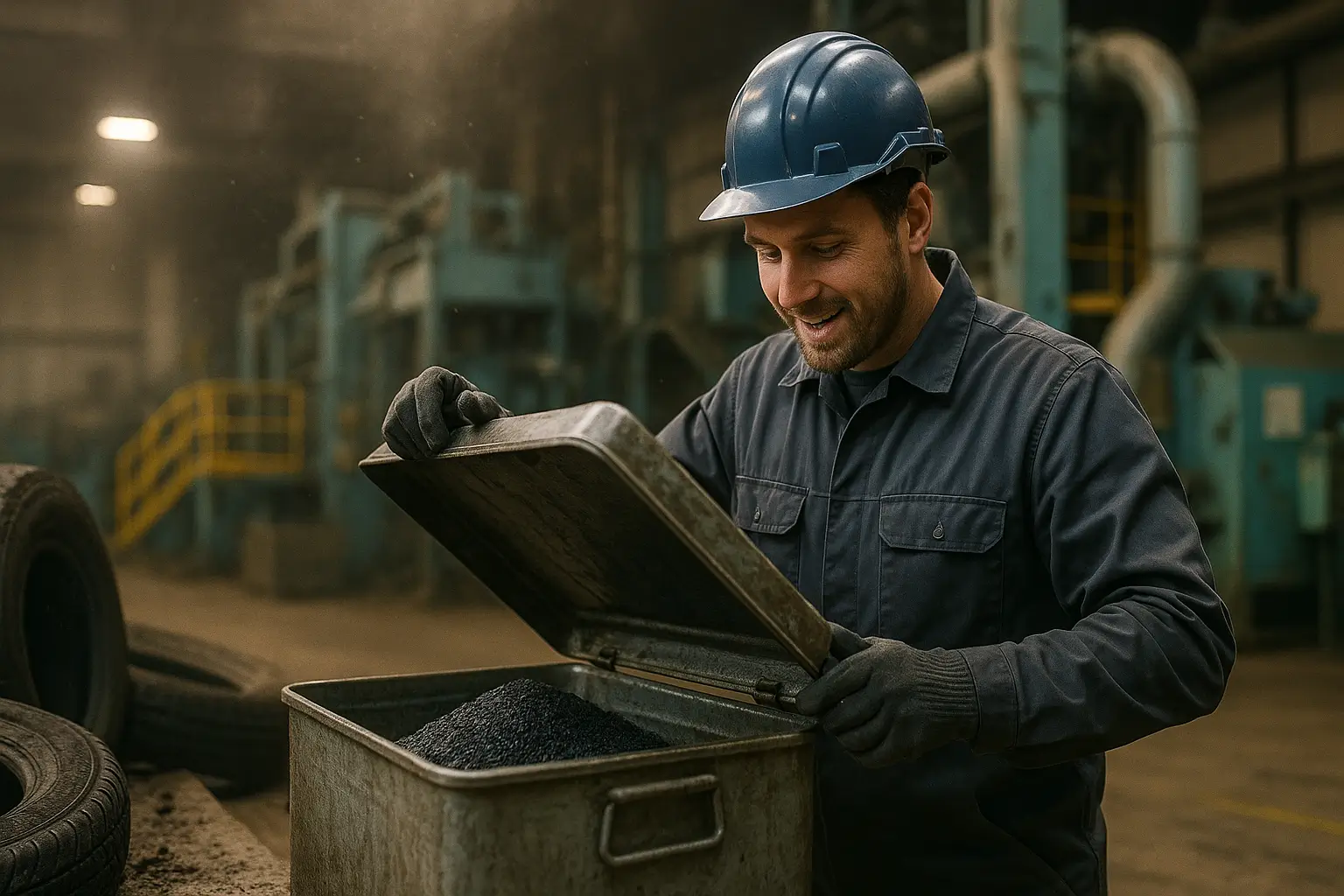 рабочий открывает контейнер с переработанным резиновым сырьём