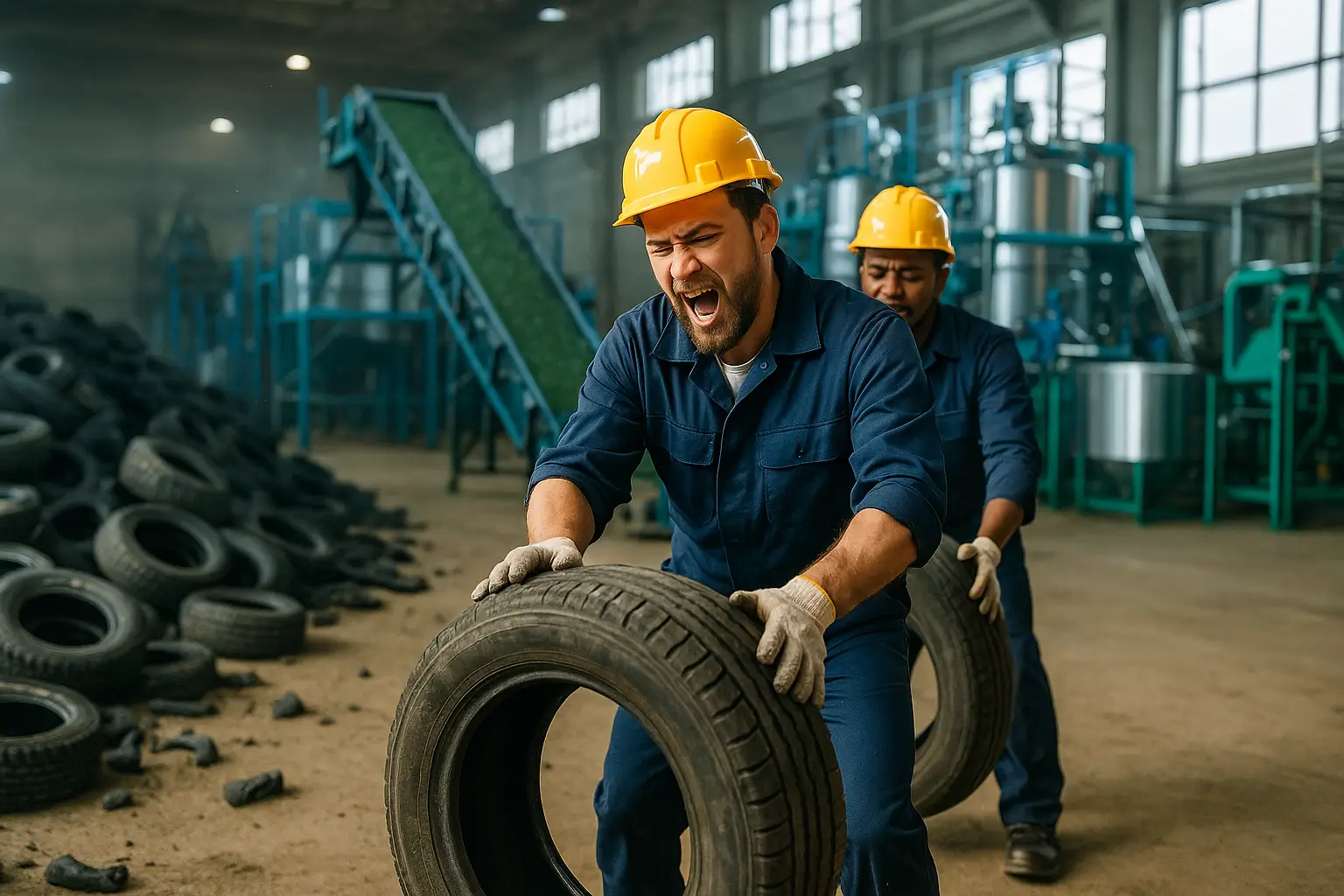 рабочие убирают старые покрышки на территории завода